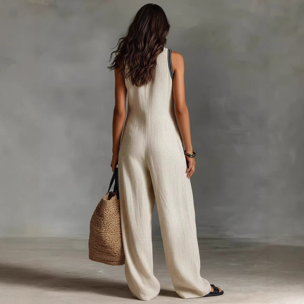 Women's Simple Linen-blend Sleeveless Jumpsuit 