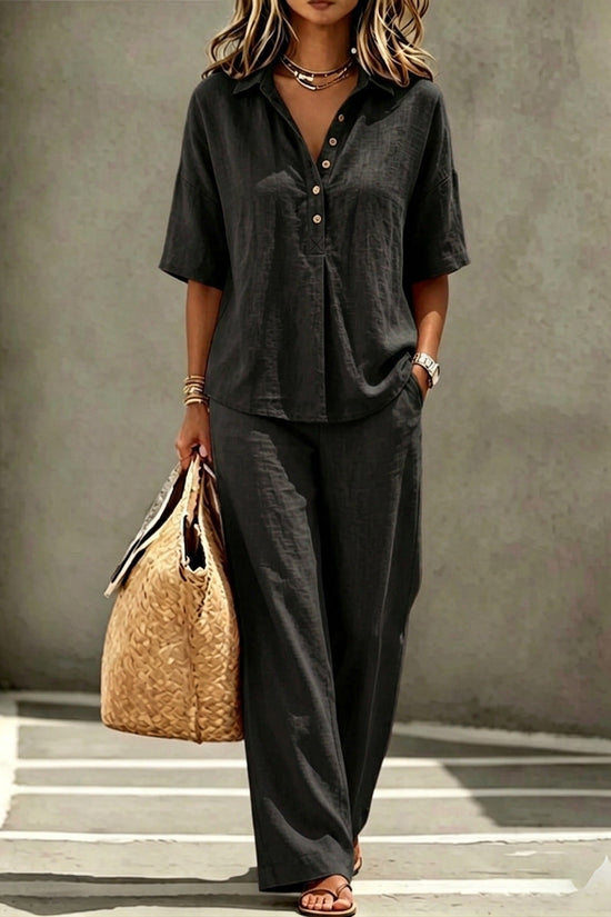 Womens Polo-Neck Button-Up Top And Wide-Leg Pants Two-Piece Set 