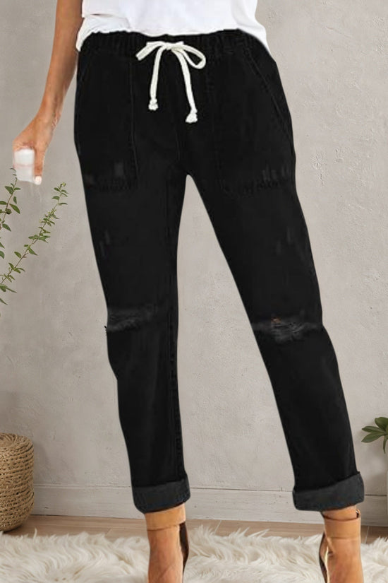 2025 New Women's Casual Set Wearing Distressed Stretch Jeans, Elastic Waisted Jeans, Denim Jogging Pants CJ US