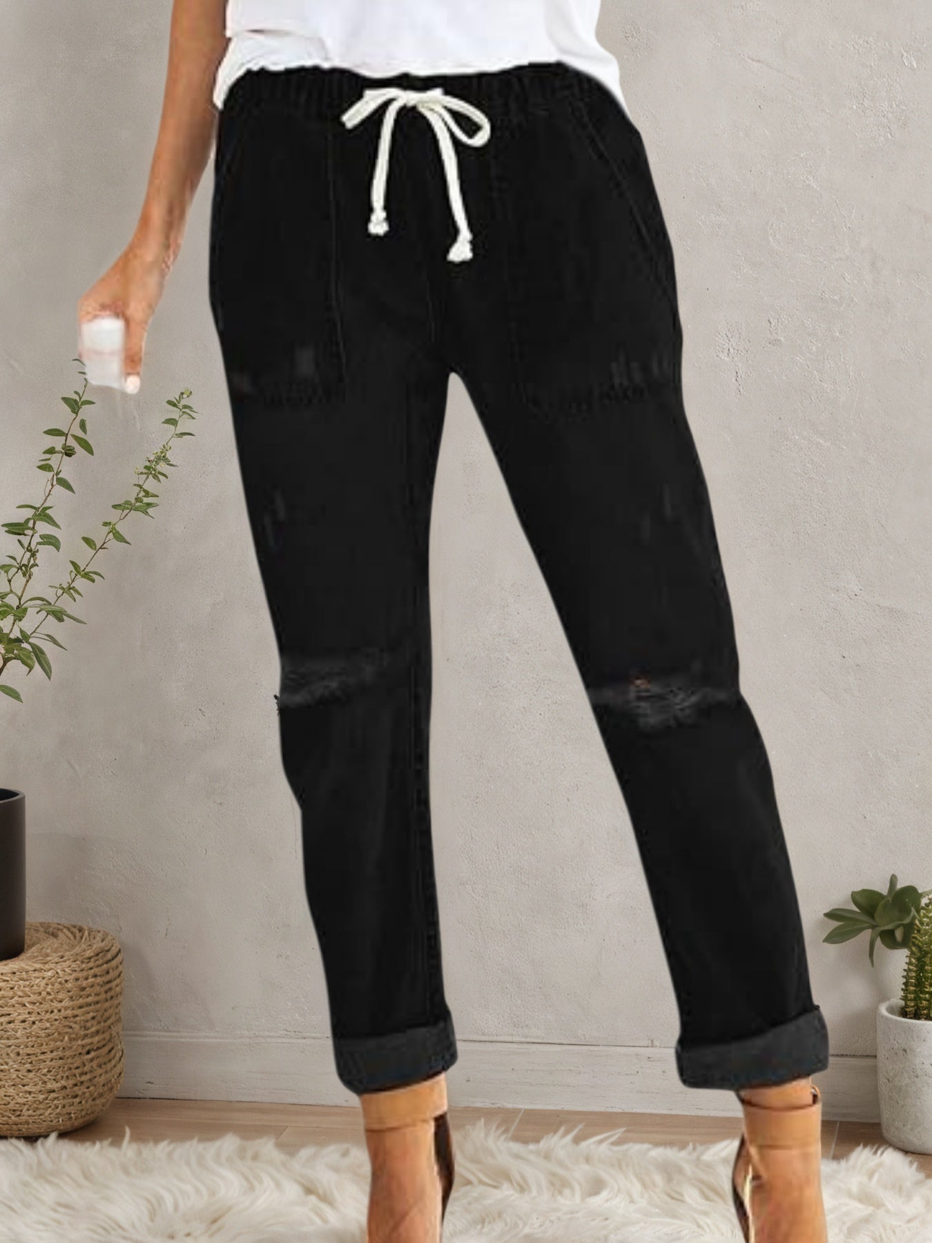 2025 New Women's Casual Set Wearing Distressed Stretch Jeans, Elastic Waisted Jeans, Denim Jogging Pants CJ US