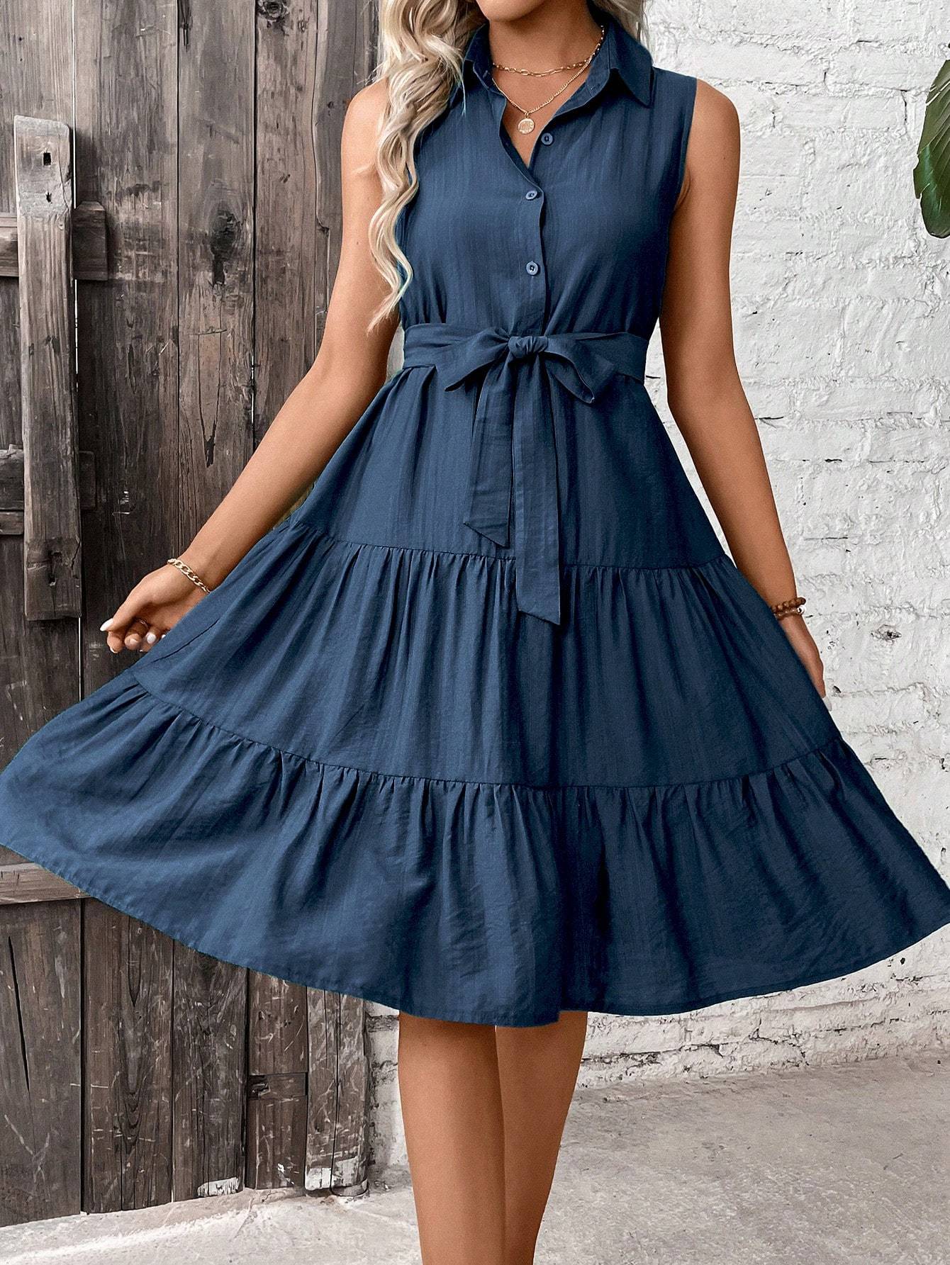 🌴 Women's Ruffle Hem Belted Shirt Maxi Dress FitiqueFit