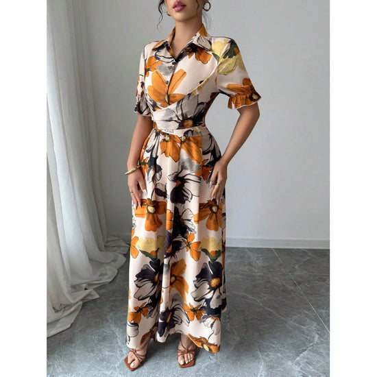 Womens Blouse-collar Puff-sleeve Cross-tie Waist Printed Dress 