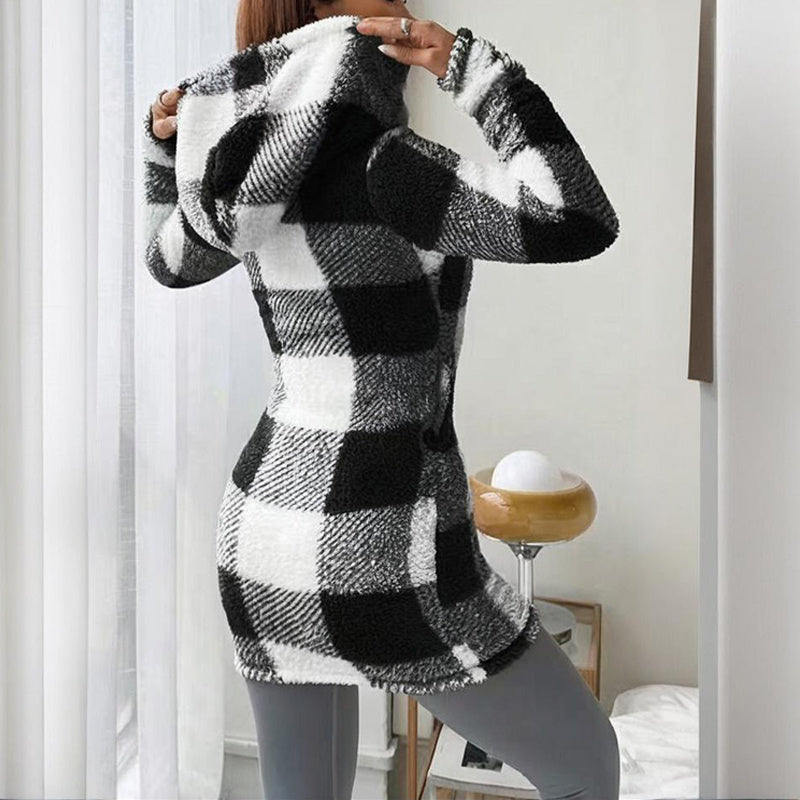 Women's Long Sleeve Plaid Long Hooded Sherpa Coat, Soft Fleece Lined Jacket With Pockets For Winter 