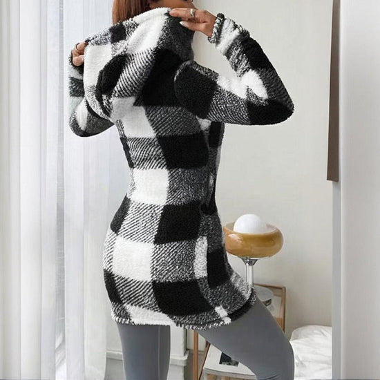 Women's Long Sleeve Plaid Long Hooded Sherpa Coat, Soft Fleece Lined Jacket With Pockets For Winter 