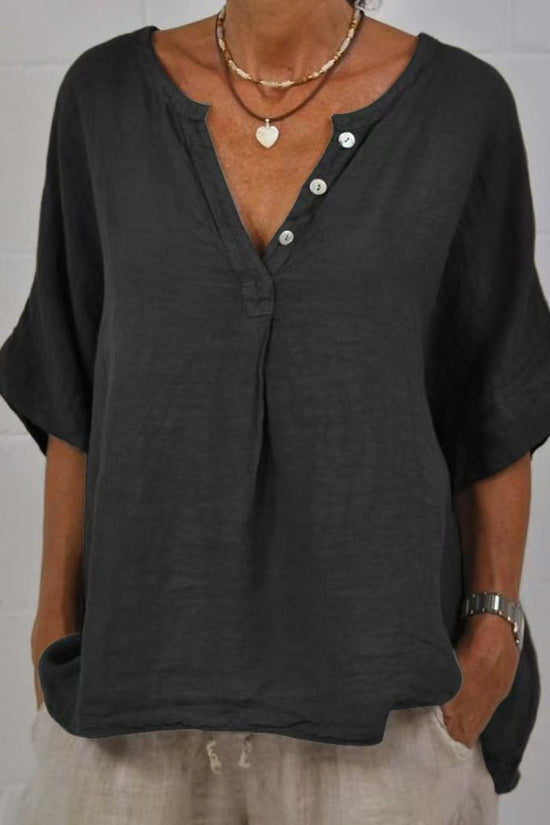 Cotton-linen Solid-color Door-cuff V-neck Button-up Shirt 