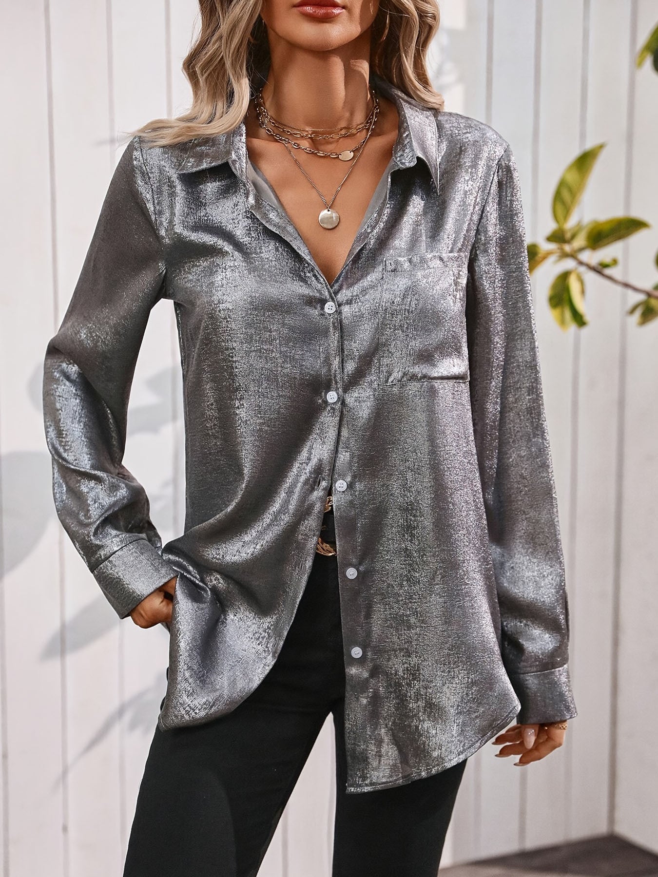 Satin Minimalist Long Sleeve Shirt – V-Neck Button-Down Casual Top for Women FitiqueFit