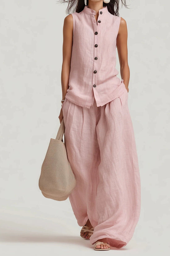 Womens Casual Cotton-Linen Sleeveless Crew-Neck Vest Top And Pants Two-Piece Set 