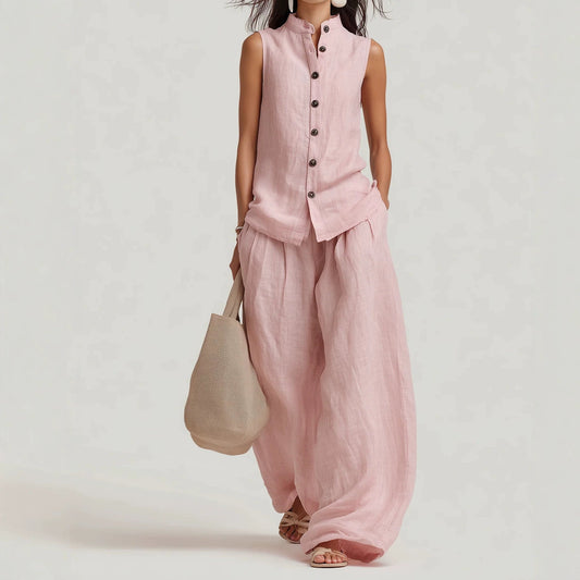 Womens Casual Cotton-Linen Sleeveless Crew-Neck Vest Top And Pants Two-Piece Set 