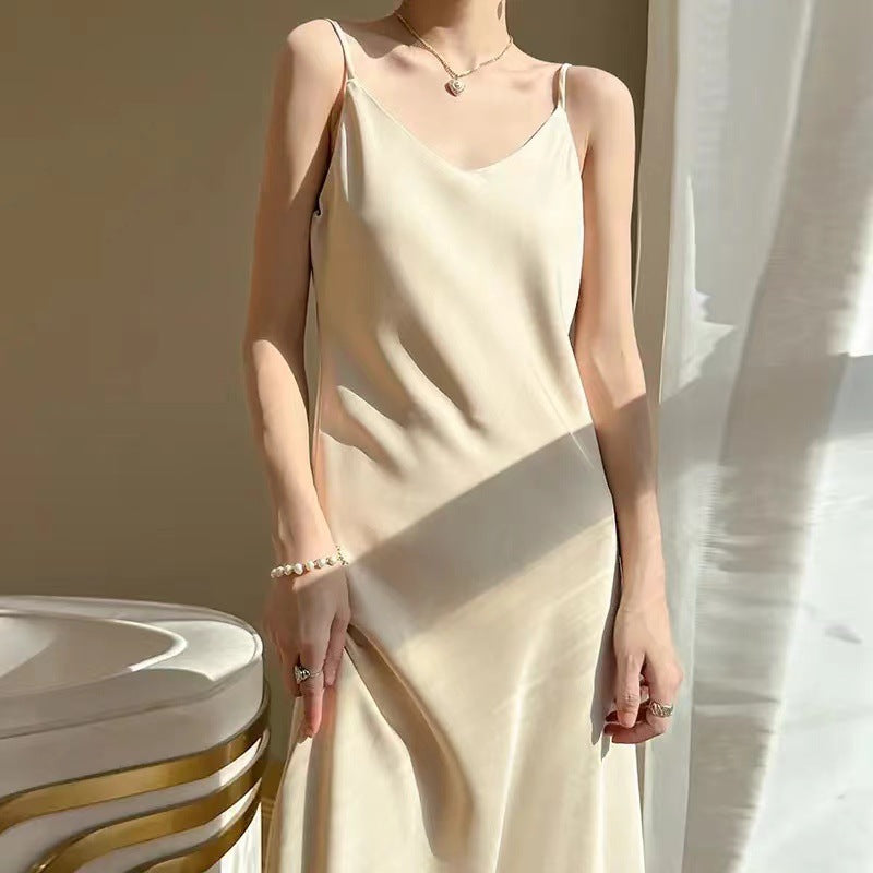 New Style French-Style Summer Acetate Satin Loose Strap Long Dress 