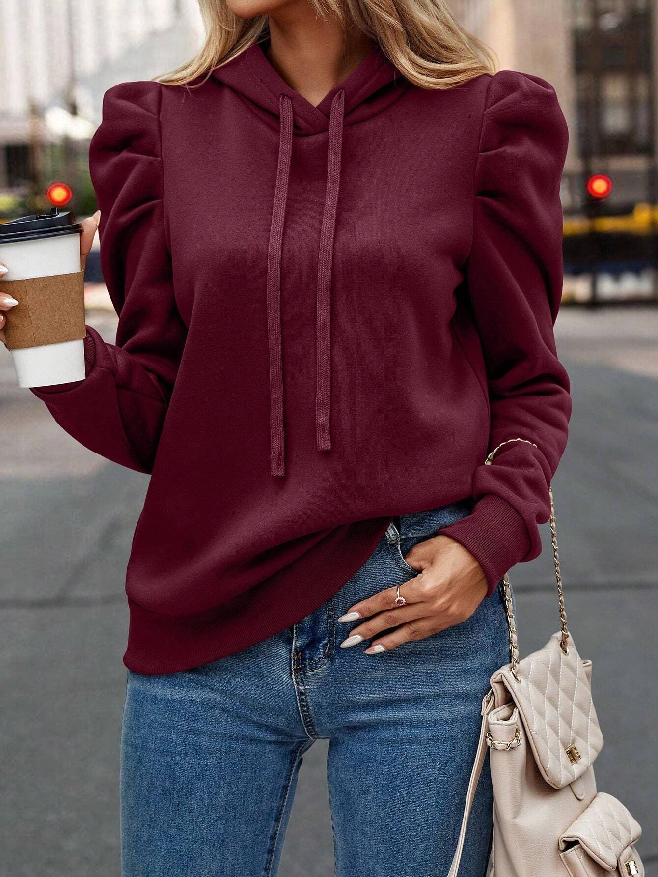 Minimalist Puff Sleeve Drawstring Hoodie — Slim Fit Sweatshirt CJ US
