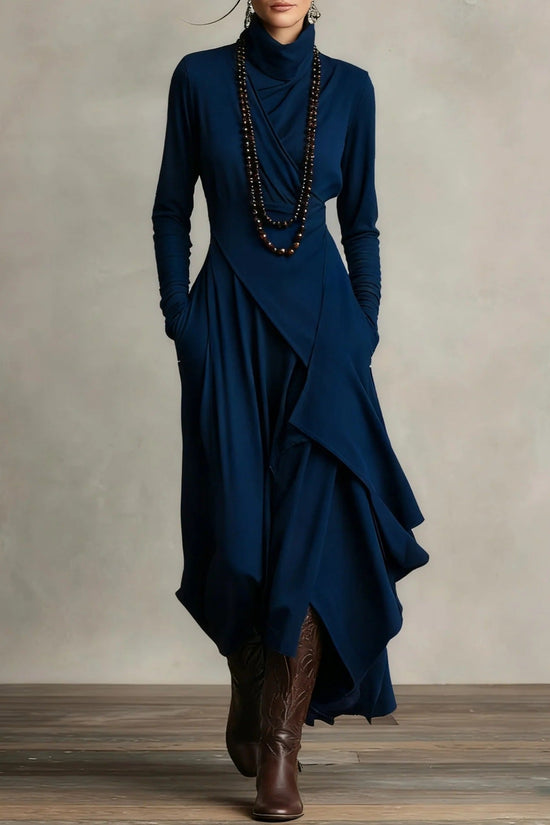 Solid Color Long Sleeve Cross Wrap High Neck Maxi Dress 