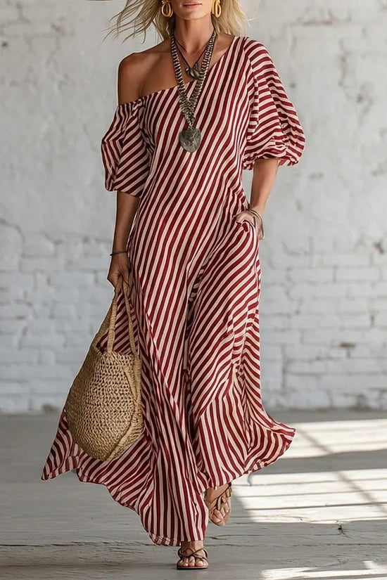 Womens Striped Off-shoulder Dress 