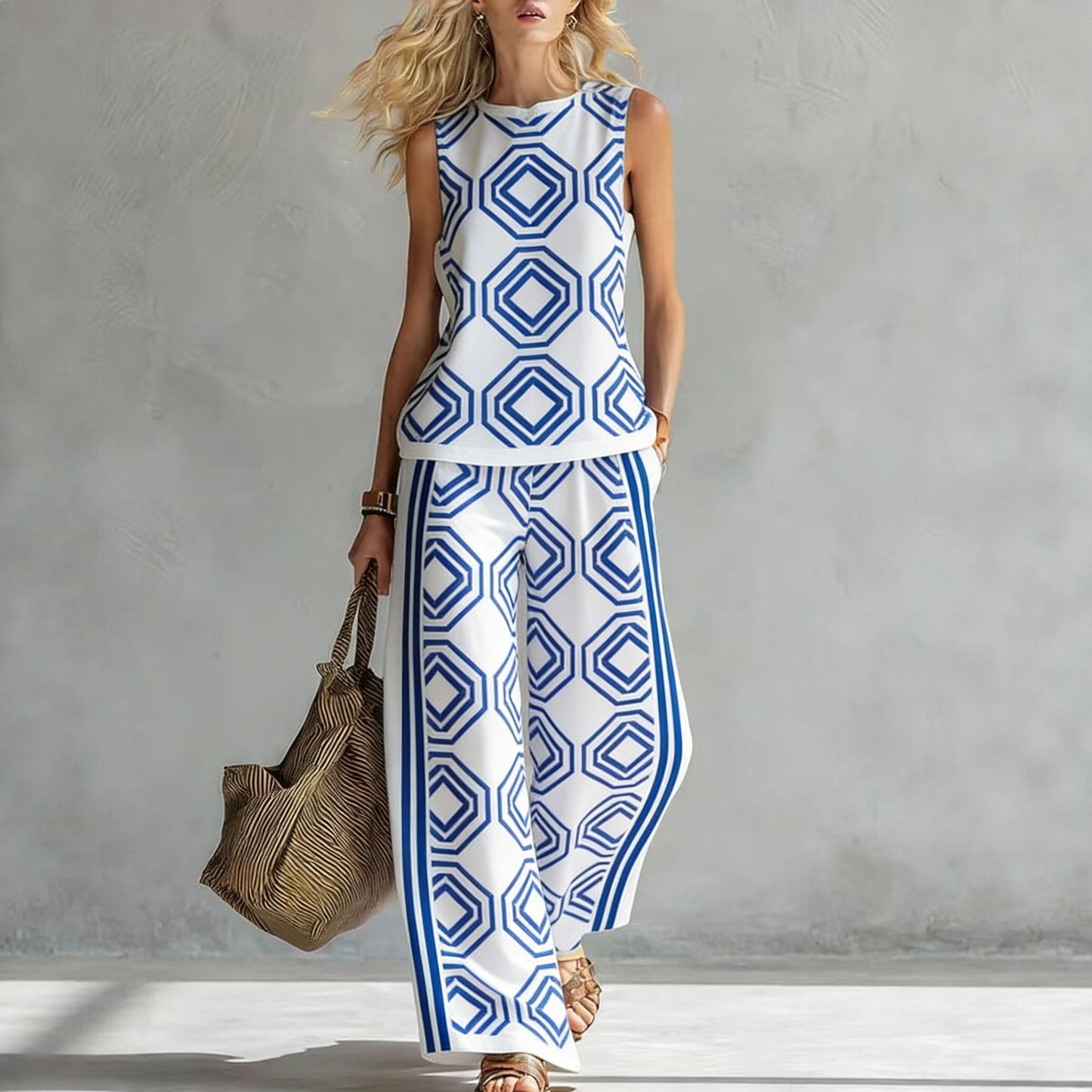 Women's Casual Sleeveless Printed Wide-Leg Pants Two-Piece Set 