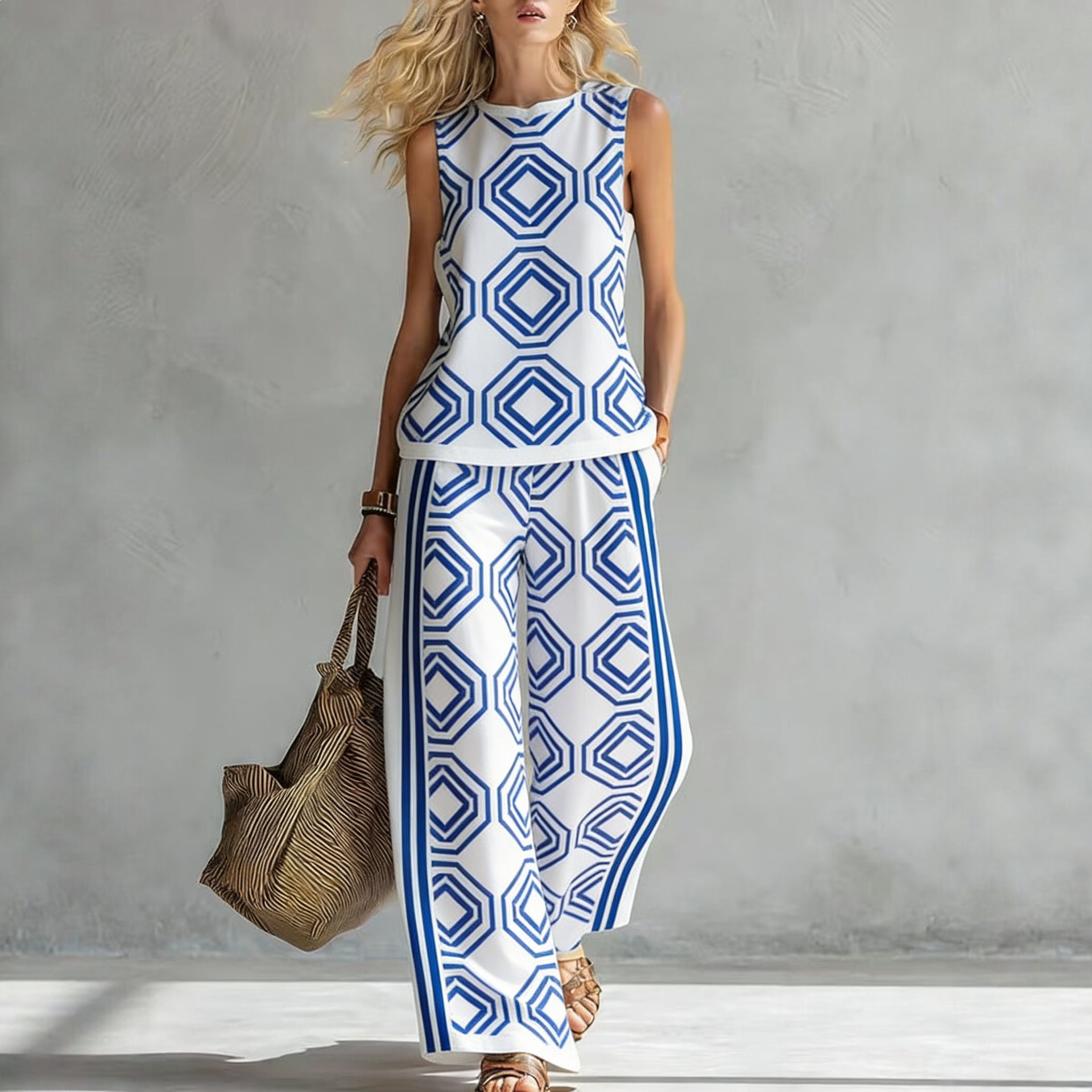 Women's Casual Sleeveless Printed Wide-Leg Pants Two-Piece Set 