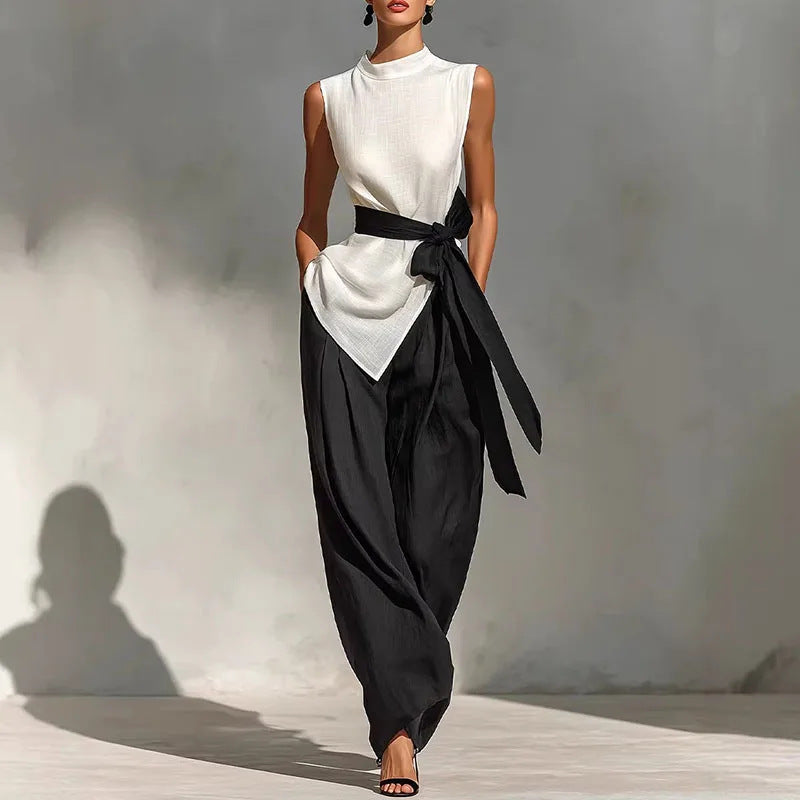 Womens Lace-Up Sleeveless Top And Wide-Leg Pants Two-Piece Set 