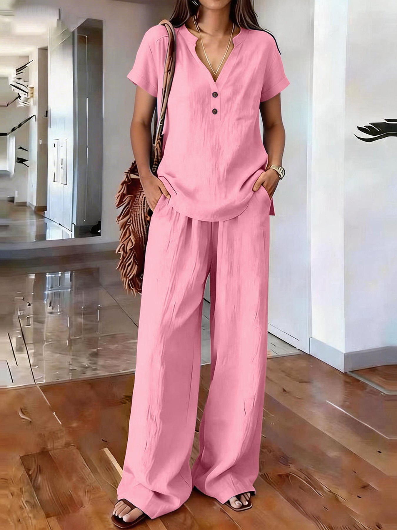 Women's Casual Solid-Colored Cotton And Linen Set 