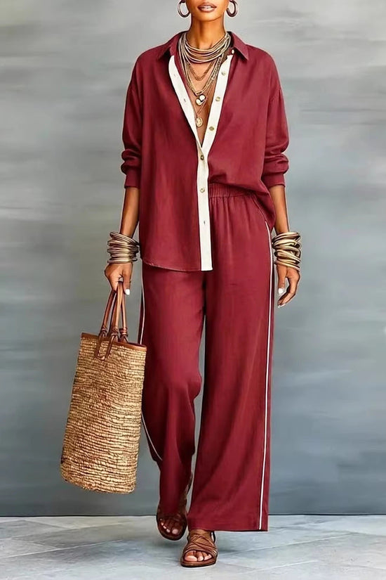 Contrast-color Casual Solid-color Loose Pants Two-piece Set 