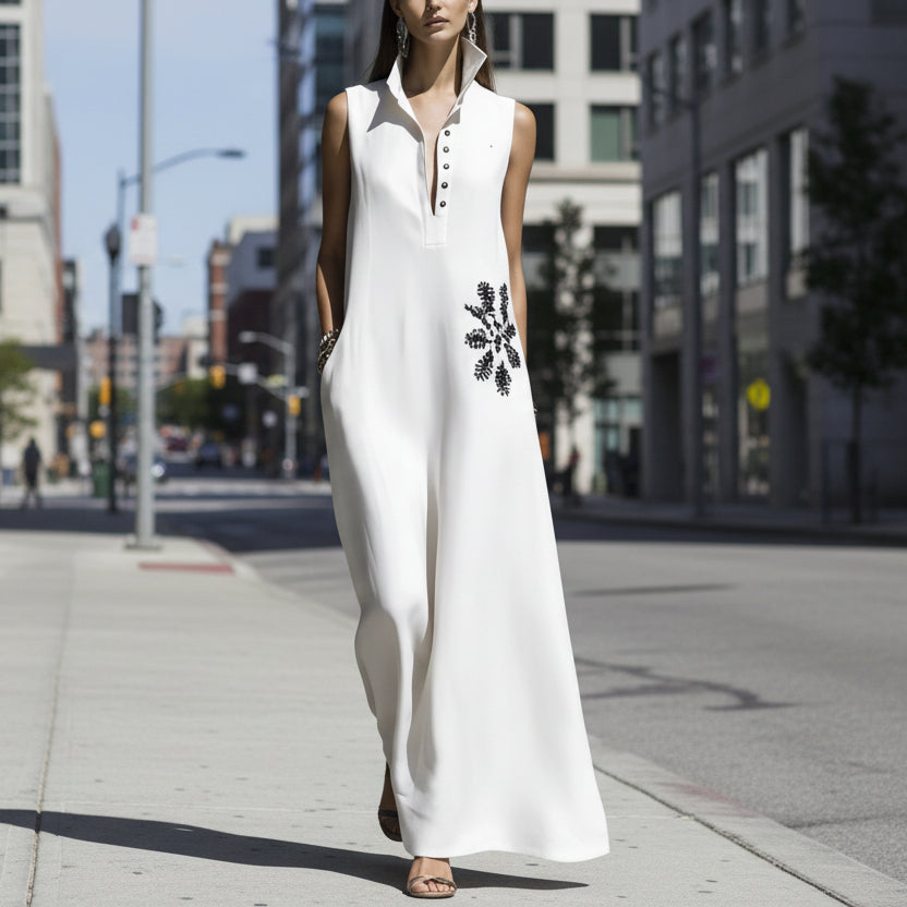Heat-transfer Graphic Pocket Casual Mandarin-collar Cotton-linen Dress 