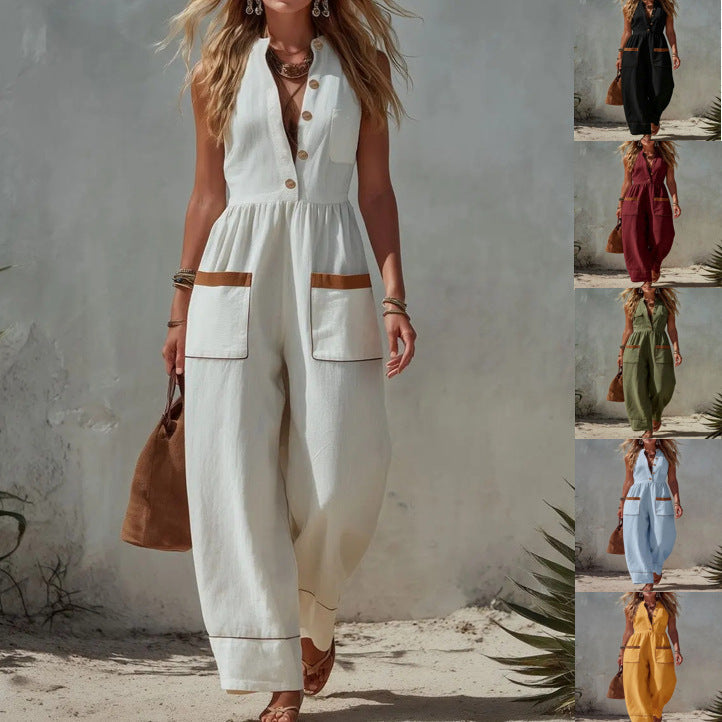 Womens Sleeveless Casual Loose Cotton-Linen Wide-Leg Jumpsuit 