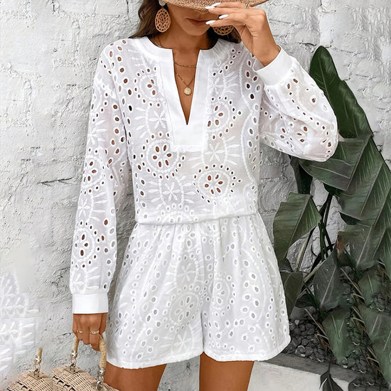 Women's Solid Color Elegant V-Neck Lace Long Sleeve Blouse & Shorts Set CJ US