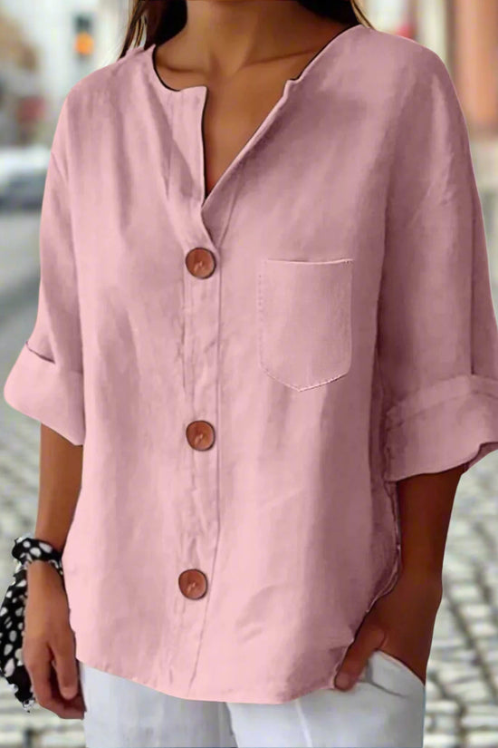 New Style Loose T-shirt For Women With V-neck, Made Of Cotton And Linen, Buttoned Top. CJ US