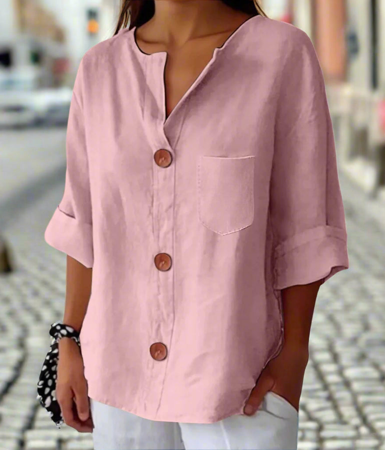 New Style Loose T-shirt For Women With V-neck, Made Of Cotton And Linen, Buttoned Top. CJ US