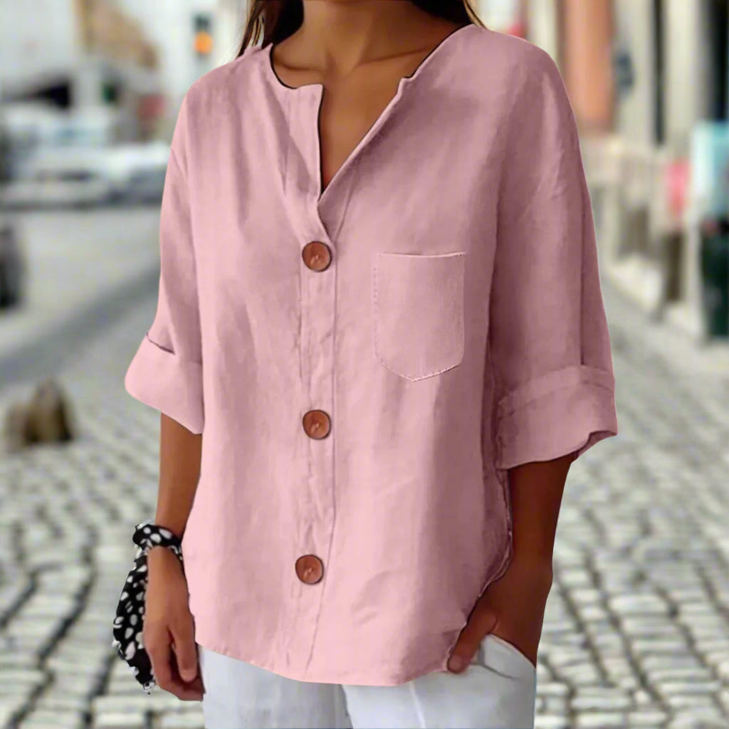 New Style Loose T-shirt For Women With V-neck, Made Of Cotton And Linen, Buttoned Top. CJ US