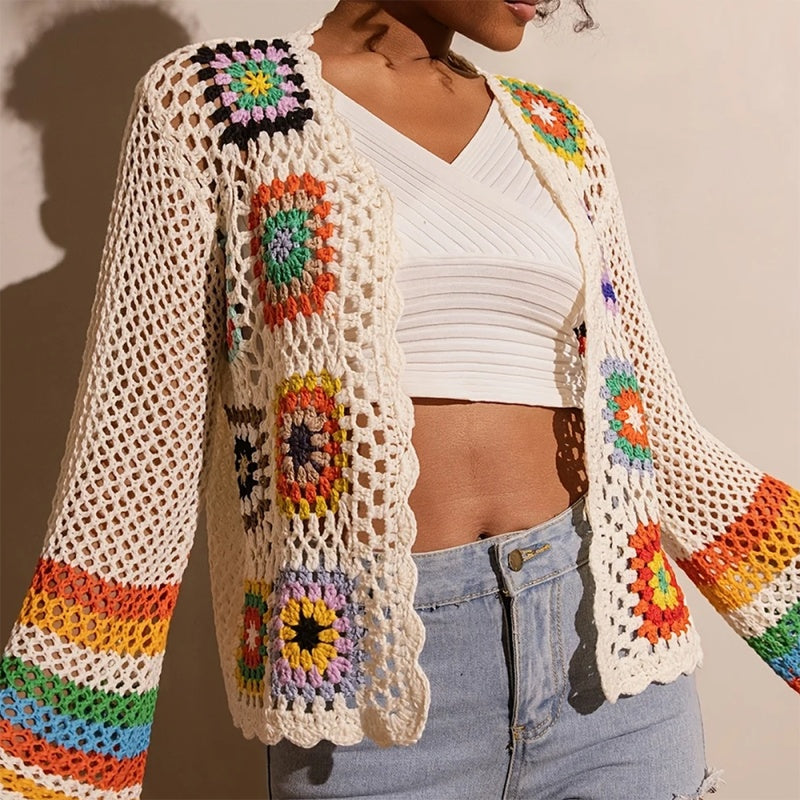 Women's Elegant Crochet Cardigan - Long Sleeve Open Front Vibrant Color Block Coat CJ