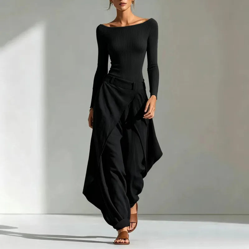 Women's Off-Shoulder Slim Top & Draped Wide Leg Pants Two-Piece Set 