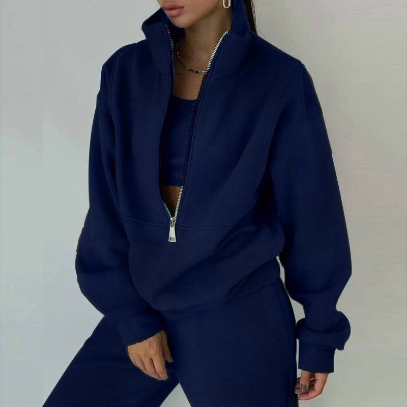 Women's 2-Piece Zip Neck Long Sleeve Sweatshirt & Slim Fit Pants Set - Sporty Streetwear Outfit For Fall&Winter CJ US