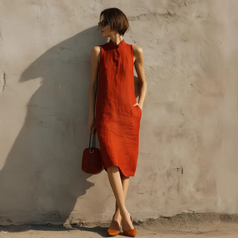 Solid-color Loose Sleeveless Dress 