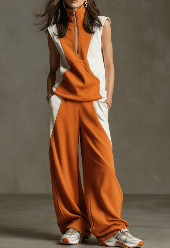 Contrast Color Stand-up Collar Sleeveless Sportswear Set 