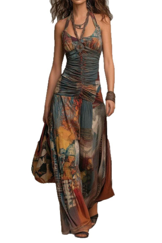 French Oil Painting Print Vintage Off-Shoulder Sexy Jumpsuit for Women Summer 
