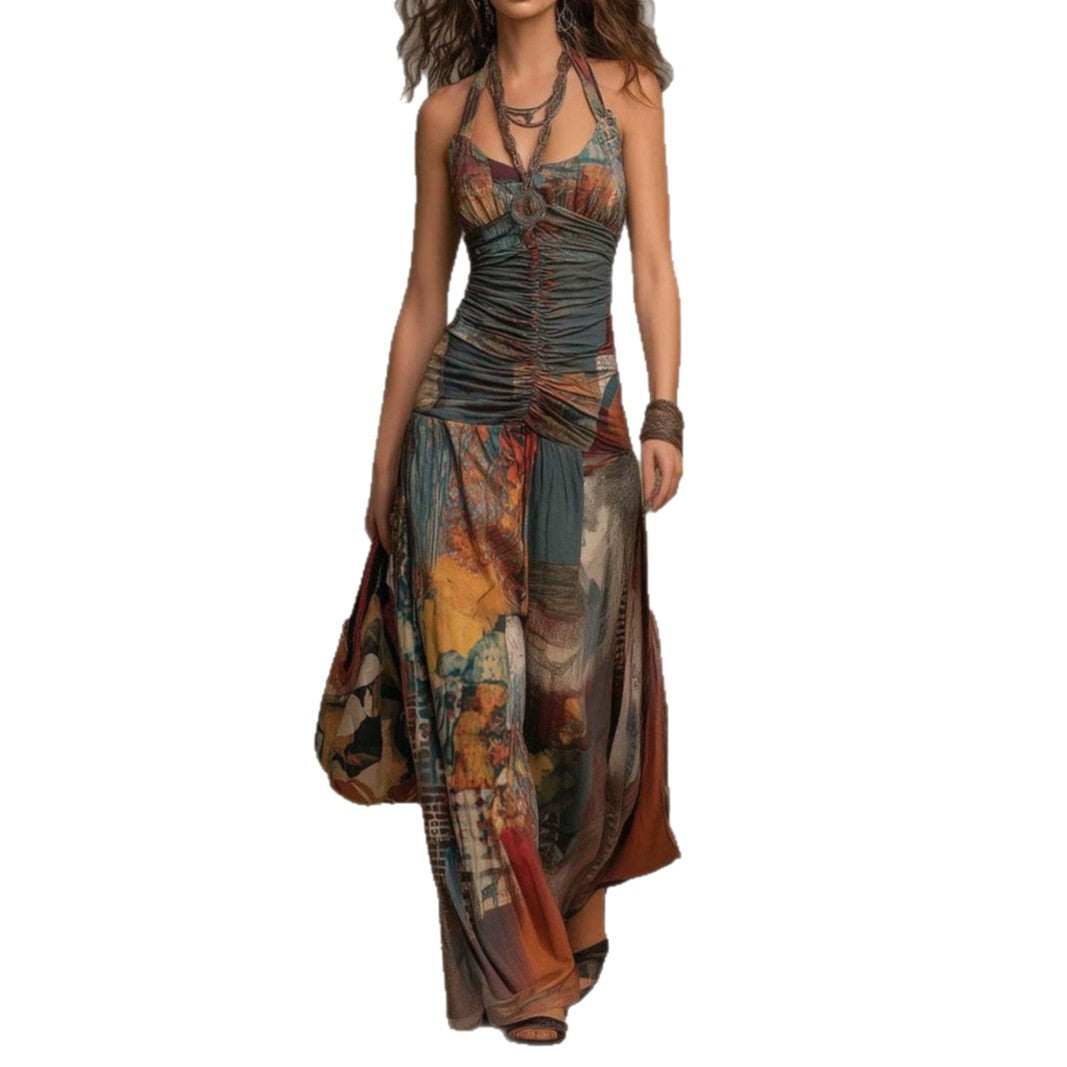 French Oil Painting Print Vintage Off-Shoulder Sexy Jumpsuit for Women Summer 