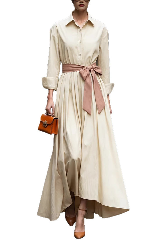 Long sleeved shirt collar solid color long skirt dress 