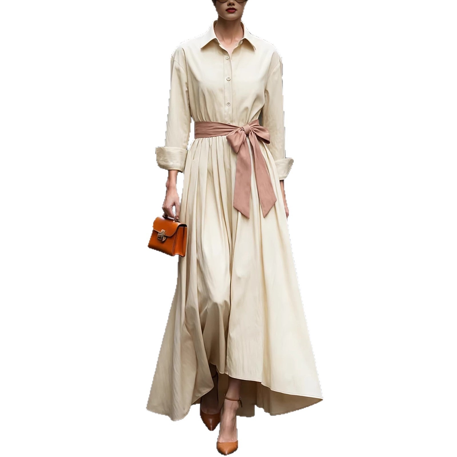 Long sleeved shirt collar solid color long skirt dress 