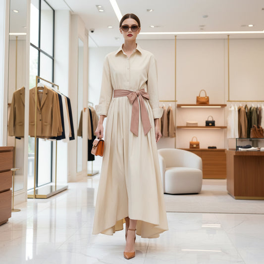 Long sleeved shirt collar solid color long skirt dress 