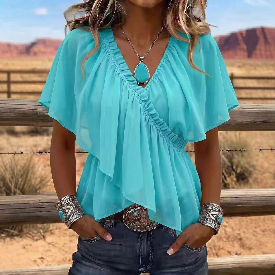 Style Cross V-Neck Pleated Ruffle Flare Sleeve Chiffon Top with Waist-Cinching Irregular Hem Slim Fit Blouse 