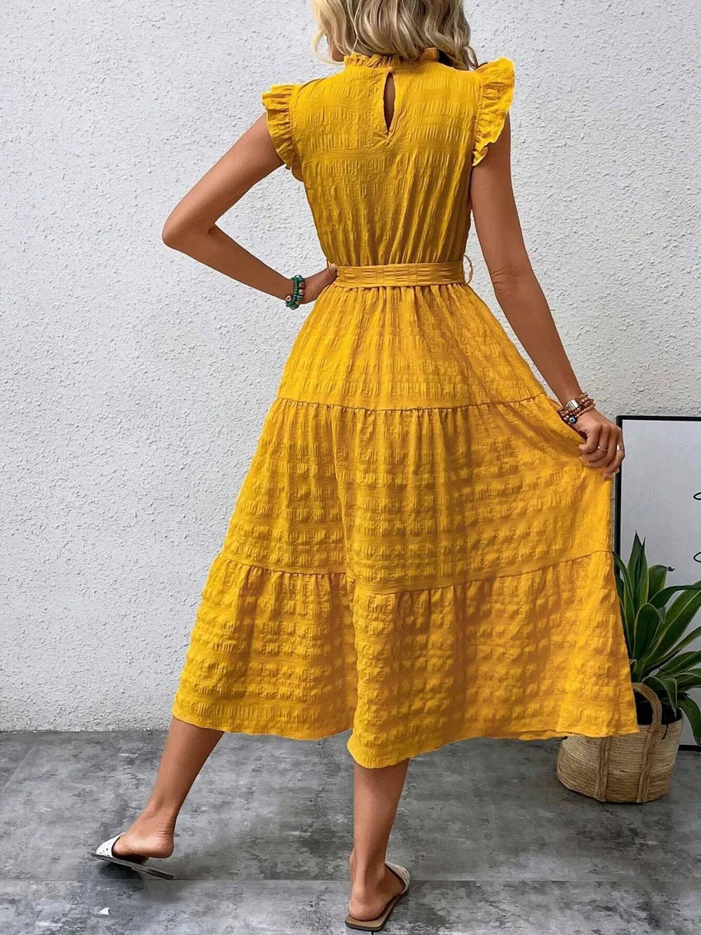 Tied Ruffled Cap Sleeve Midi Dress 