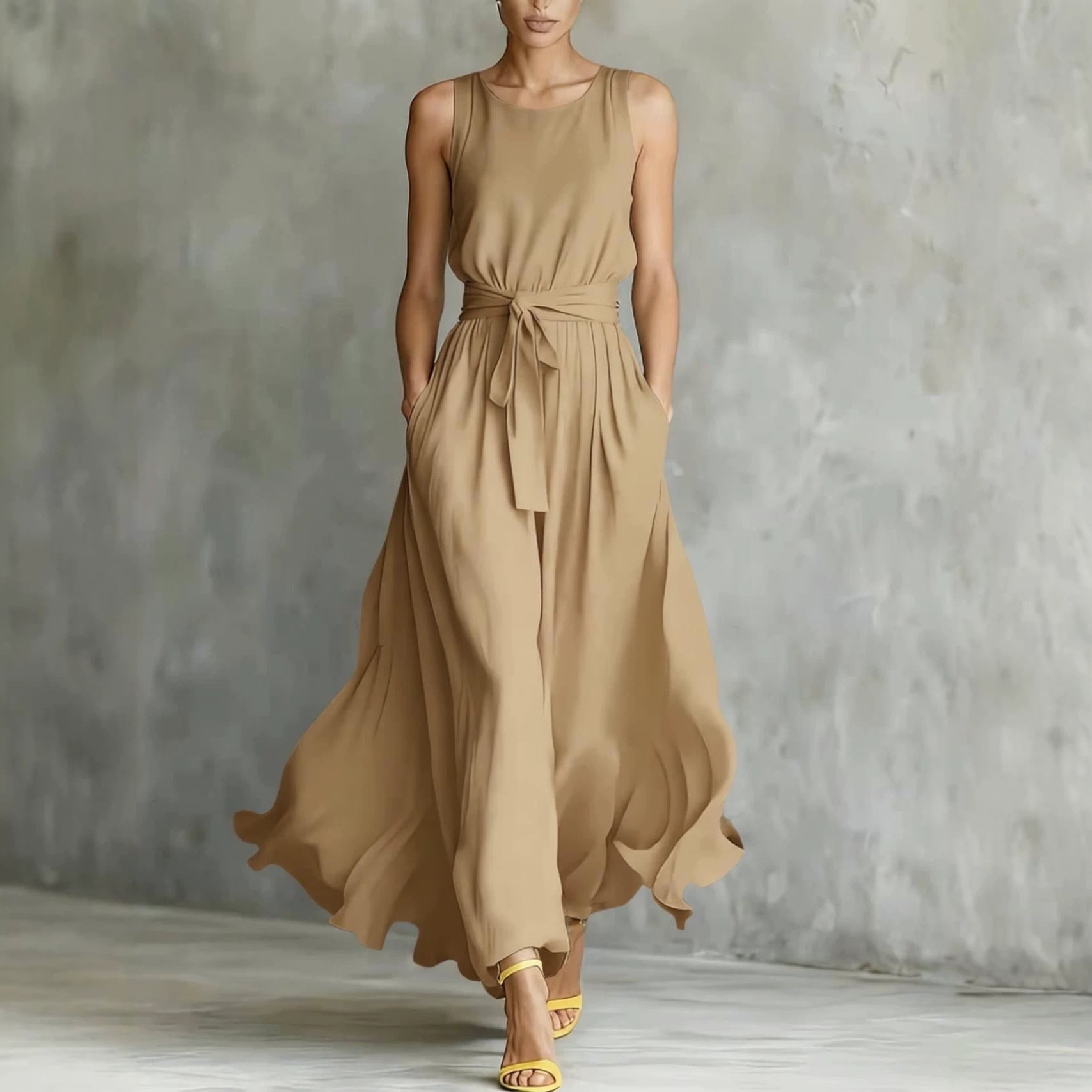 Womens Waist-Cinching Lace-Up Sleeveless Dress 