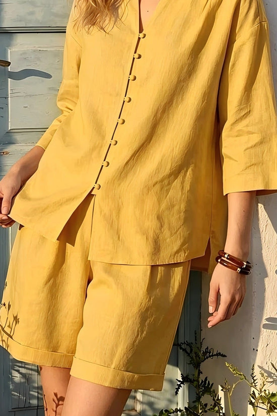Womens V-neck Top And High-Waist Wide-Leg Shorts Set 