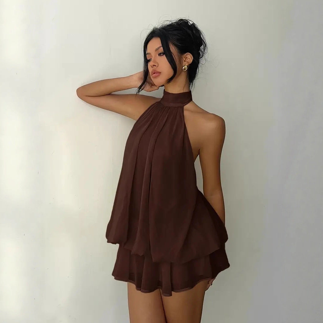 Women's vacation fitted sexy backless halter neck tie-waist dress with puffy short skirt 