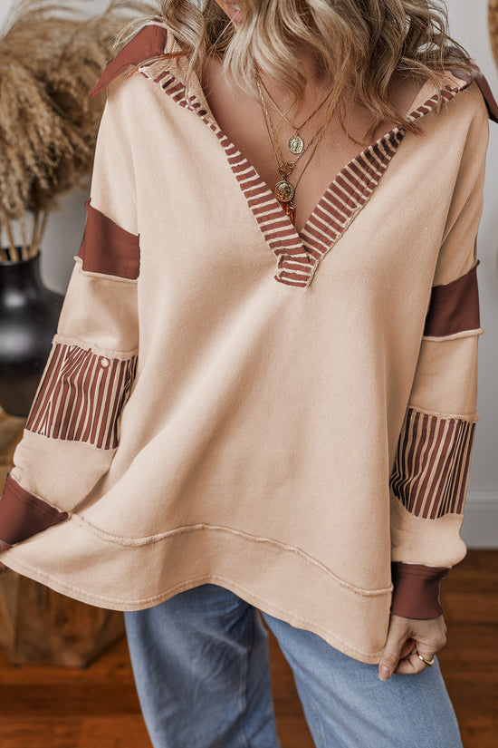 Casual Versatile Deep V-Neck Long Sleeve Loose Sweatshirt Top with Stripe Color Block Design 