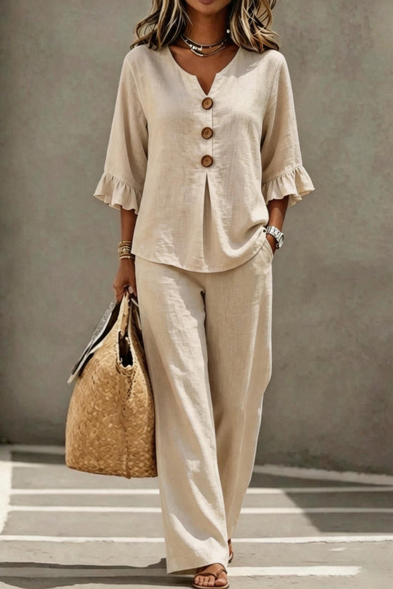 Womens V-neck Ruffle Three-Quarter Sleeve Top And Pants Two-Piece Set 