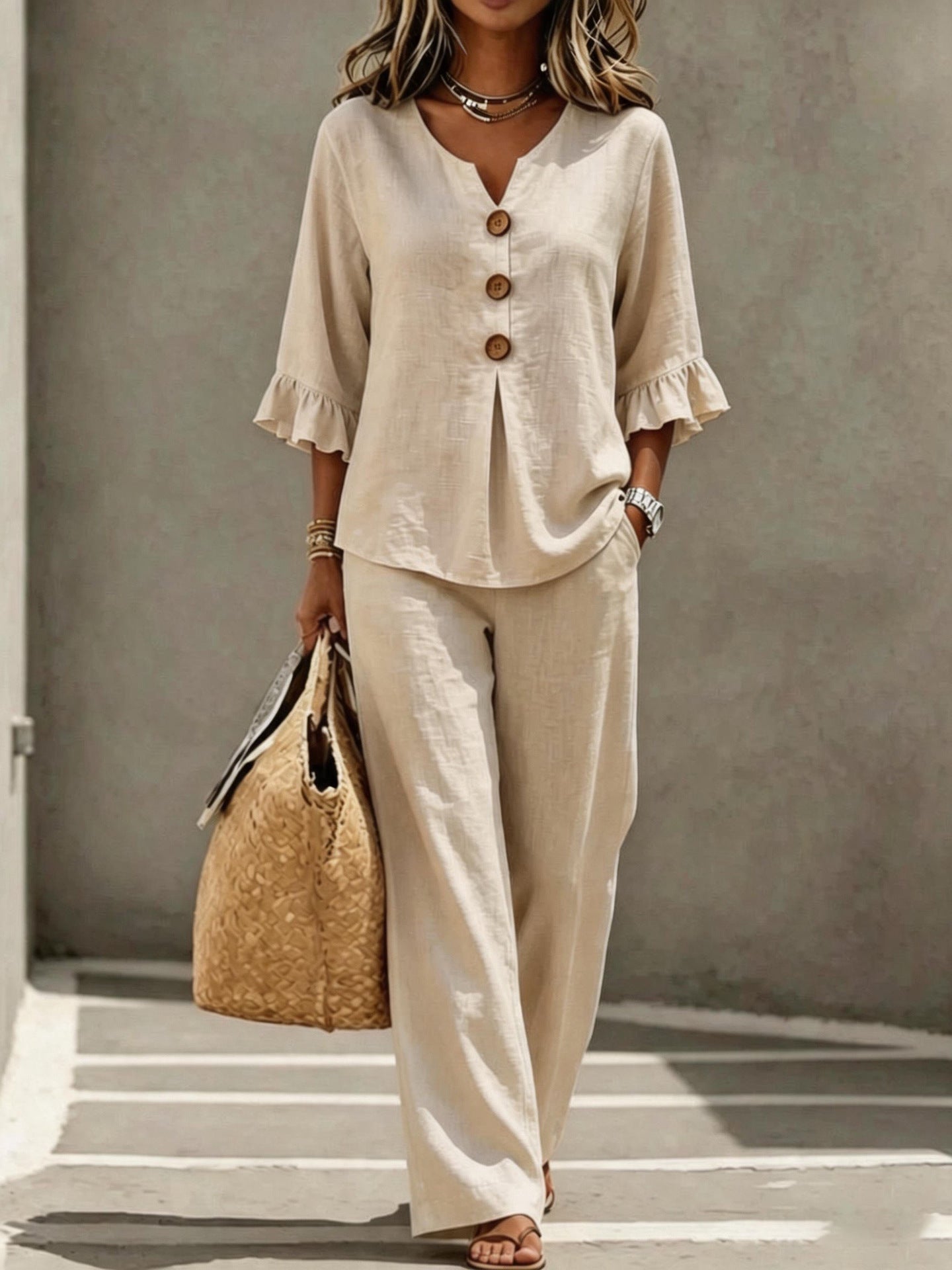 Womens V-neck Ruffle Three-Quarter Sleeve Top And Pants Two-Piece Set 
