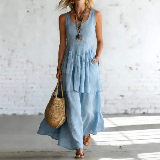 Cotton-linen Loose-fit Maxi Dress With A Sleeveless Design 