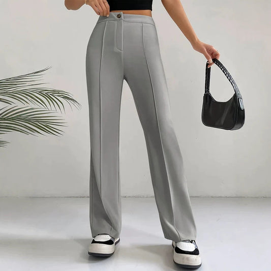 Womens Straight Flare Pants With High-Waisted Stitching Details 