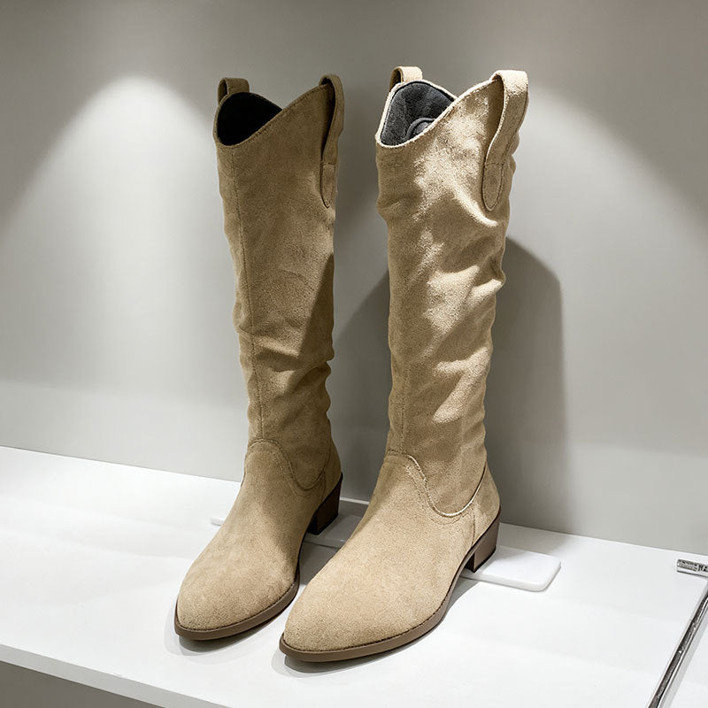 Fashionable Chunky Heel Suede High-top Riding Boots 
