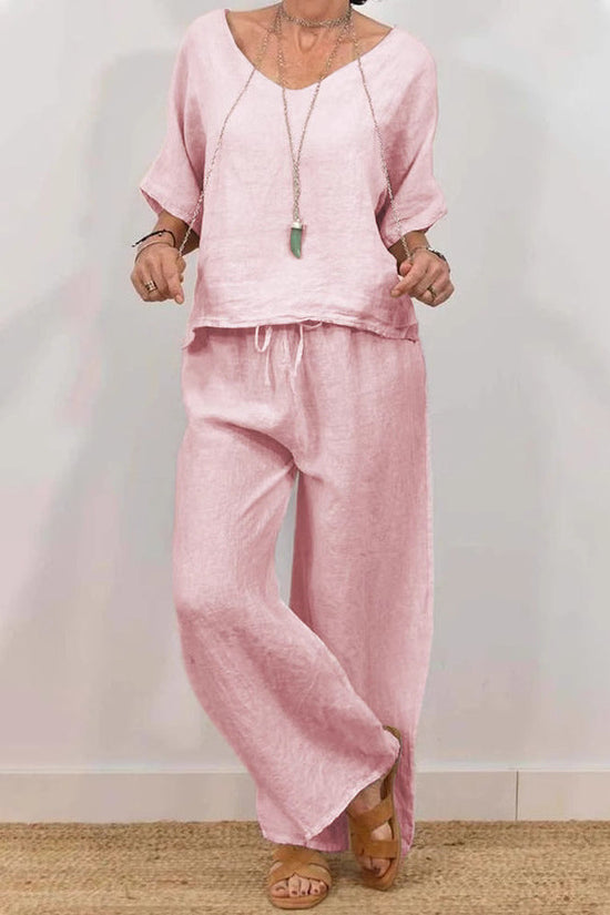 Womens Multi-Color Two-Piece Set Casual V-Neck Pullover With Three-Quarter Sleeves And Extended Pants 