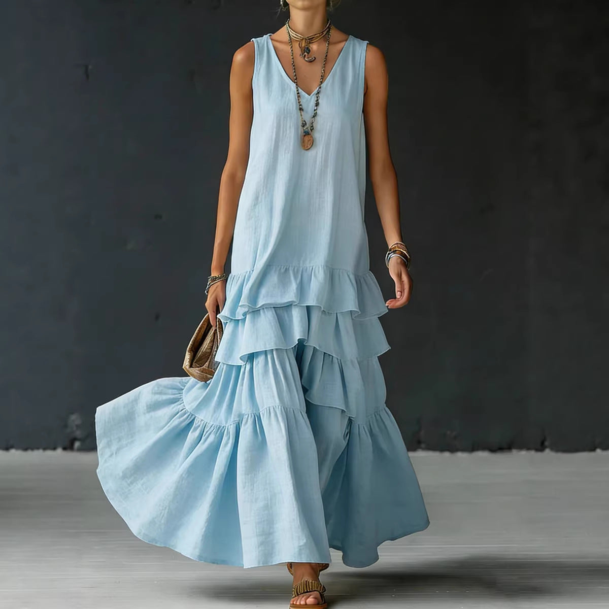 Solid-color Womens Loose-fitting Full-skirted Sleeveless Dress 